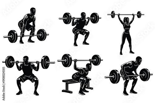 Silhouettes of People Performing Weightlifting Exercises with Barbells Keywords: weightlifting, bodybuilding, fitness, exercise
