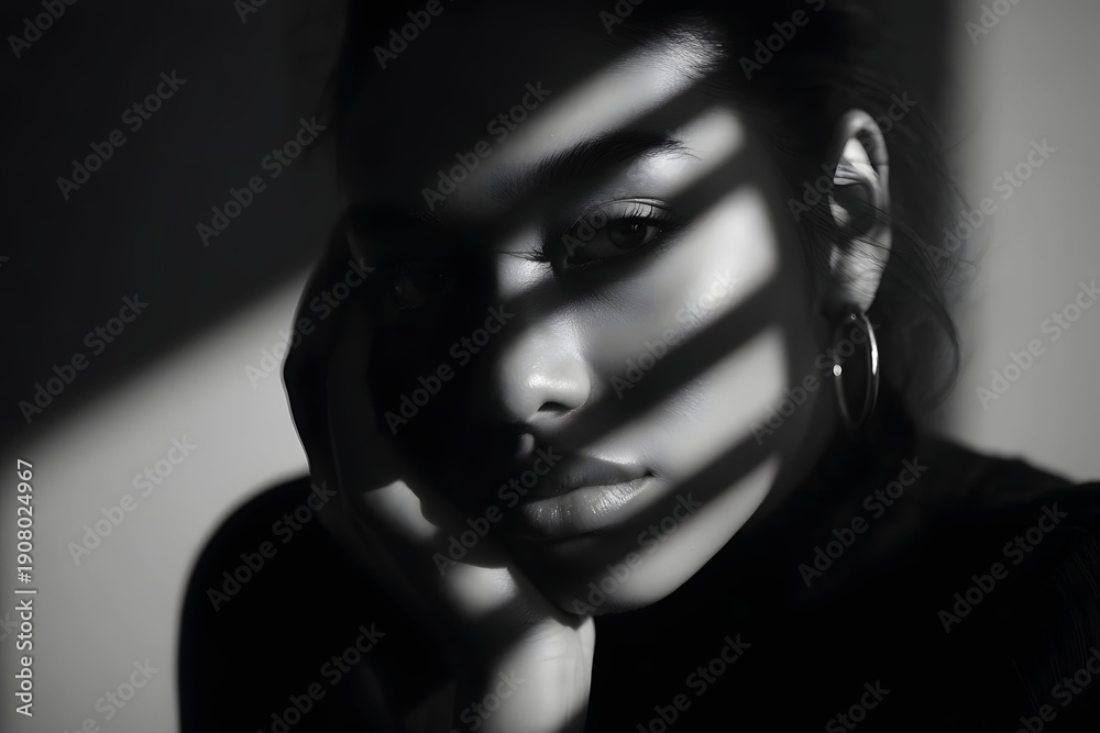 Fototapeta premium Expressive studio lighting emphasizes a model's emotion with dramatic shadows and minimal background.