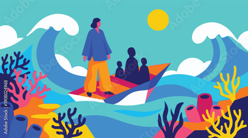 Woman leading a boat with people through ocean waves and coral reef