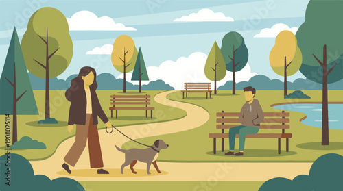 People and dog enjoying a leisurely day in a vibrant public park scene