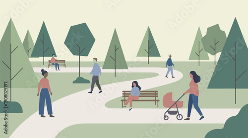 Flat design illustration of diverse people enjoying a peaceful day in a park