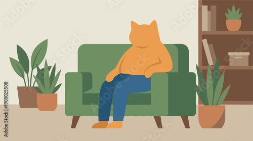 Stylized cartoon cat character relaxing on an armchair in a cozy room
