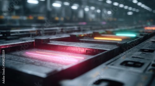 Wallpaper Mural Futuristic industrial sorting system with glowing laser scanners on automated conveyor line in modern factory environment, advanced technology for recycling and smart manufacturing Torontodigital.ca