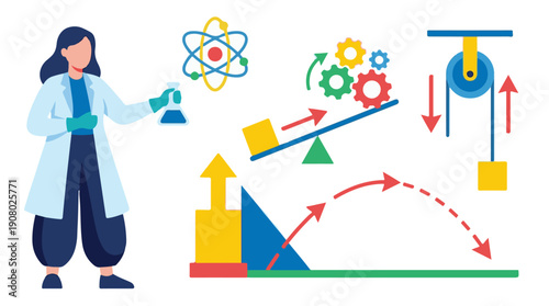 Female scientist with various physics, chemistry, and engineering concepts