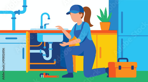 Female plumber in overalls fixing a kitchen sink, vector illustration