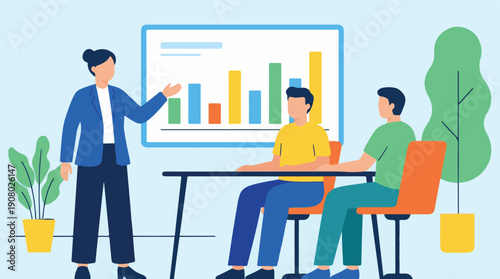 Business meeting: Professional woman presents bar chart data to colleagues.