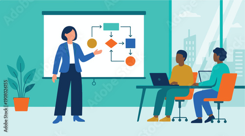 Businesswoman presenting flowchart to male colleagues in office meeting