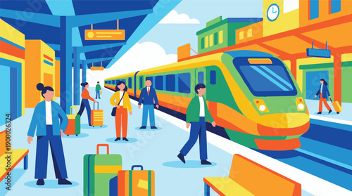 Passengers on a vibrant train station platform with a modern train, travel illustration