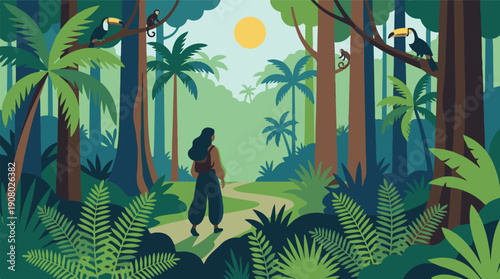 Flat design illustration of a woman exploring a vibrant tropical jungle path