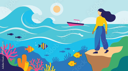 Coastal scene with woman, vibrant ocean, coral, fish, and distant boat