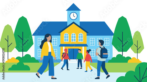 Students and Teacher Arriving at Modern School Building Illustration