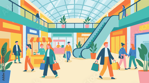 People shopping in a modern multi-level mall with an escalator and stores