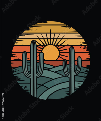 Retro Vintage Saguaro Cactus Sunset Graphic, Wild West Desert Horizon Illustration