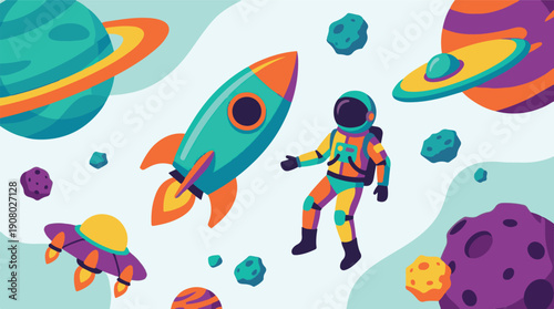 Colorful space adventure scene with astronaut, rocket, planets, and asteroids