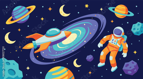Vibrant Space Adventure with Rocket, Astronaut, Planets, and Stars