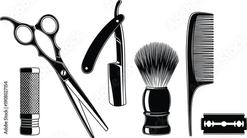 Barber tools icons set with scissors straight razor shaving brush comb and blade, vintage grooming equipment vector illustration