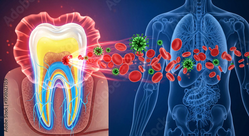 Connection between a diseased tooth and human internal organs with circulating blood and viruses