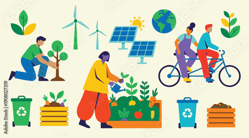 Sustainable living, renewable energy, and eco-friendly activities illustration