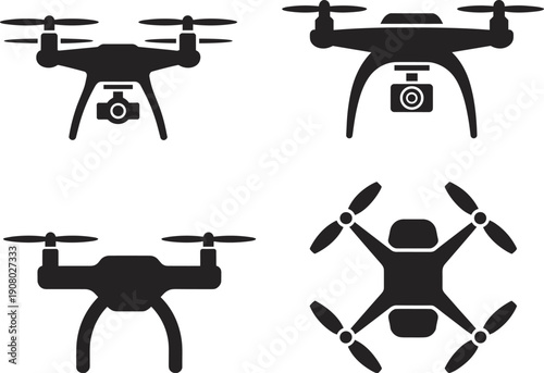 drone, silhouette, icons, vector, set, quadcopter, camera, aerial, technology, flying, unmanned, aircraft, black, flat, design, isolated, modern, surveillance, gadget, illustration