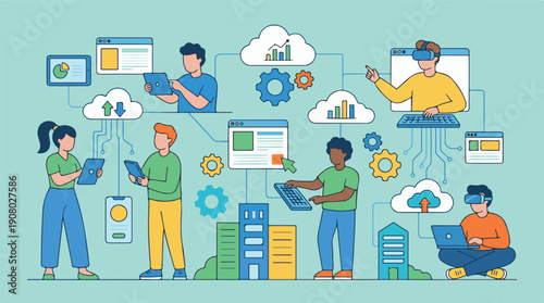 People interacting with cloud computing and digital technology ecosystem