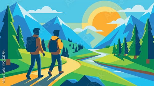 Hikers on mountain path overlooking river and sunny landscape