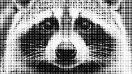 Halftone style black and white close up of raccoon face with detailed textured dots and expressive eyes in vector art design