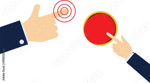Hand press red button finger press icon control start up push pointer cursor target gesture internet human body part vector illustration. Touch concept one click connection choosing element.

