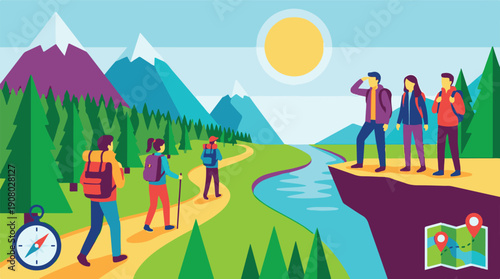 Hikers exploring a scenic mountain landscape with forests and a river under the sun