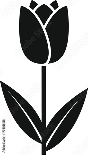 Black silhouette of a tulip flower with leaves on white background