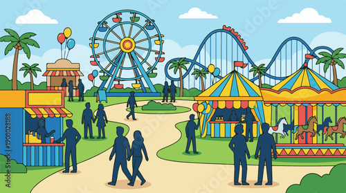Amusement Park Fairground Scene with Rides, Stalls, and Visitors