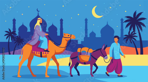 Nighttime Desert Journey: Man on Camel, Man with Donkey, Mosques, Moon