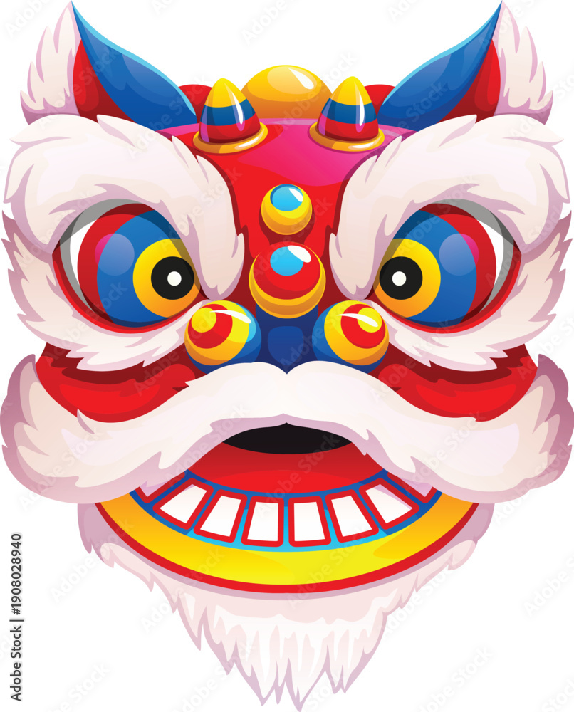 Fototapeta premium Chinese Lunar New Year cute Guangdong lion. Cartoon lion dance head with smiling face, expressive eyes, and festive red and white colors. Festive vector mask for traditional Barongsai performance