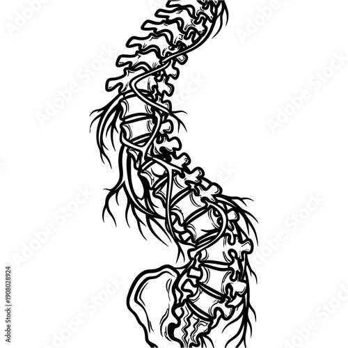 A detailed illustration of a spine with roots growing out of it