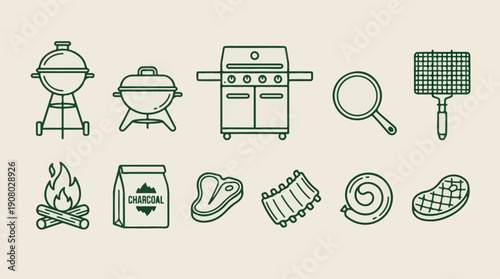 Minimalist BBQ and Grilling Icons Set: Food, Equipment, and Elements