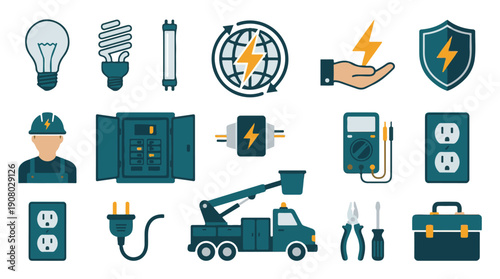 Electricity, Power, and Electrical Repair Services Icon Set