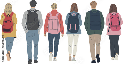 people, walking, back, view, backpacks, vector, illustration, students, commuters, men, women, casual, clothing, urban, lifestyle, group, colorful, flat, modern, design