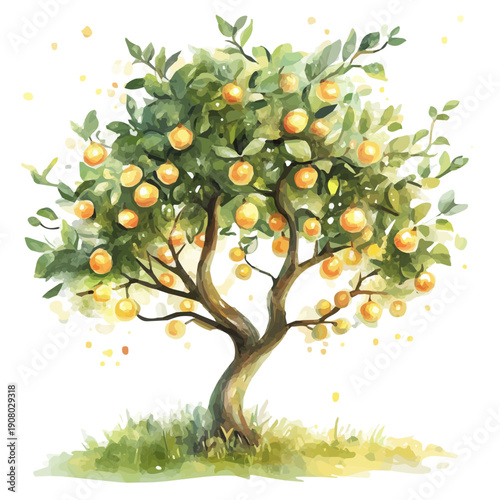 Jujube Tree, semi-realistic fantasy watercolor illustration, magical accents, isolated on white background