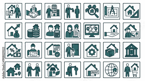 Real estate business icon set for property sale, rent, mortgage, and investment