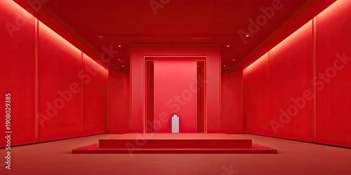 A vibrant, minimalist red interior, bathed in warm lighting. A pedestal holds an item