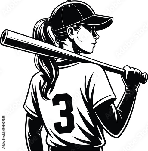 female, baseball, player, silhouette, illustration, vector, athlete, sports, bat, uniform, woman, softball, team, game, action, black, white, logo, design, graphic