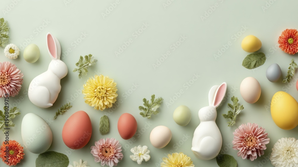 Obraz premium Easter celebration with decorated eggs, flowers, and bunny figures on pastel background