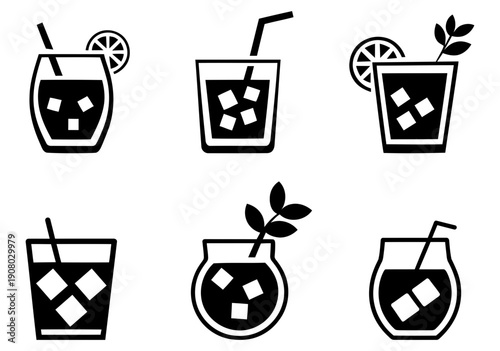 Set of cocktail and cold drink icons with ice, straws and garnishes