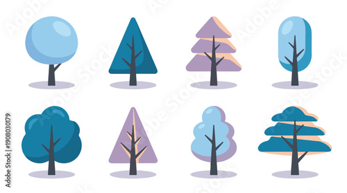 Set of diverse minimalist flat design trees in blue and purple tones
