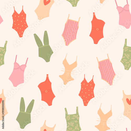 Cute summer pattern. Seamless texture with one-piece swimming suits on beige background. Vector illustrations in cartoon style. Different shapes summer swimwear for beach. Pattern for textile or wrapp