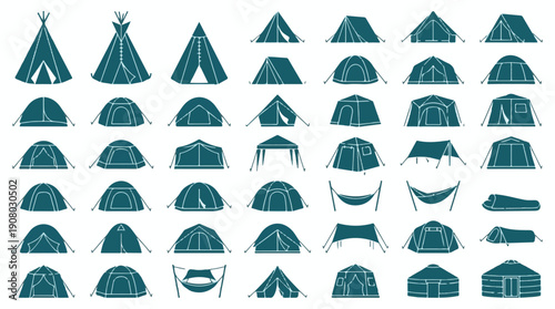 Collection of camping tents and outdoor shelters in various designs
