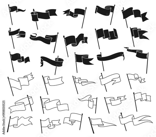 Retro pennant black and white flags. Vector set of triangular banners, waving pennants on flagpole sticks. Monochrome silhouettes of medieval, antique flags, navigation pin map markers or retro signs