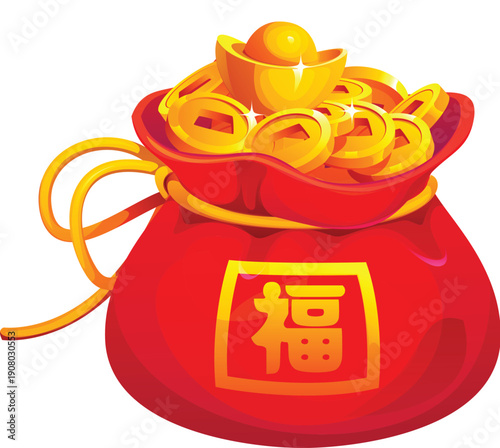 Red Chinese lucky money bag and pouch with golden coins and sycee, Asian fortune purse. Vibrant silk packet, tied with golden rope. Cartoon lucky bag for Lunar New Year greetings, spring holidays