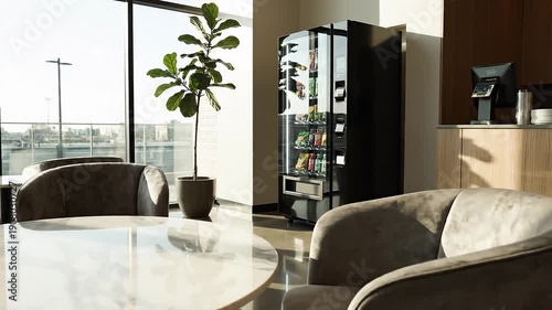 Modern Office Lounge with Vending Machine and Comfortable Armchairs