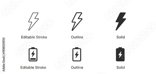 Lightning Bolt and Battery Icon Set – Editable Stroke, Outline and Solid Energy UI Vector Collection