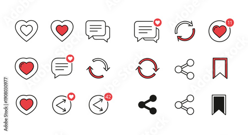 Social Media Notification and Interaction Icons Set – Like, Comment, Share and Alert Minimal UI Vector Collection